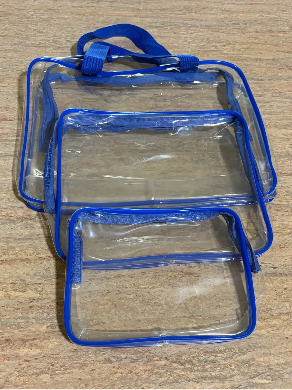 Clear PVC Blue Trim Travel Organizer Bag Set - Pack of 3